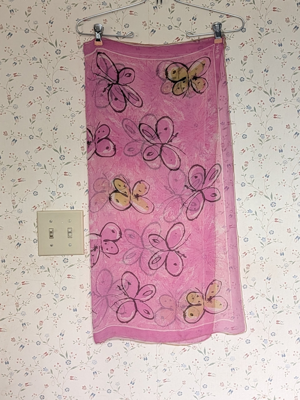 Vera Silk Scarf Butterfly Print Light Sheer Vintage handrolled  Japan 1960